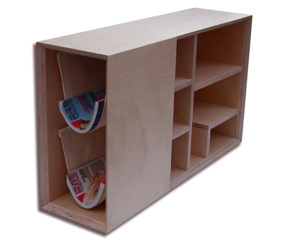 Render of the freestanding birch ply unit with magazines held in fabric slings