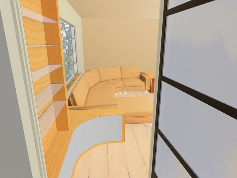 3D model view along the curved unit to the sofa