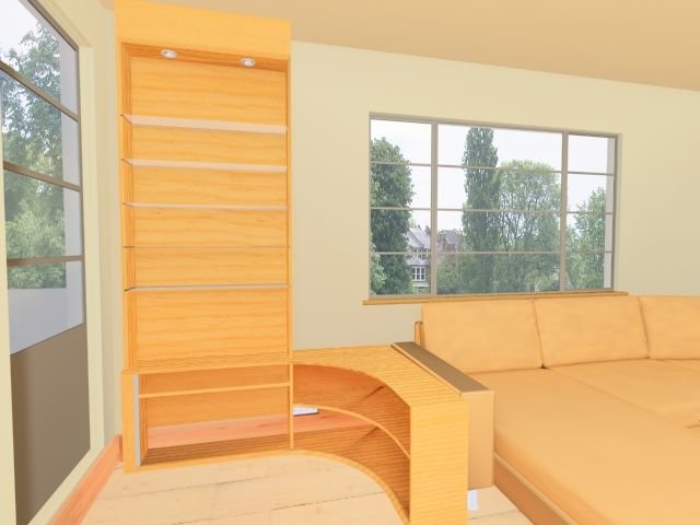 3D model of the flat with the planned unit next to the sofa