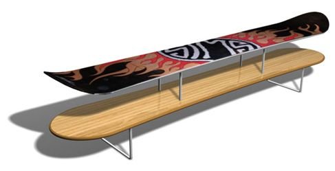 2001 3D render of the snowboard table with a plywood shelf and bent steel legs